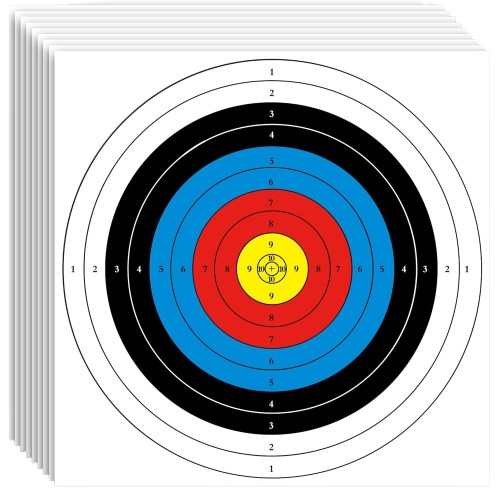 Several paper archery targets with concentric rings and a bullseye in the center, arranged on a surface. The targets feature traditional scoring zones with colored rings for scoring accuracy.