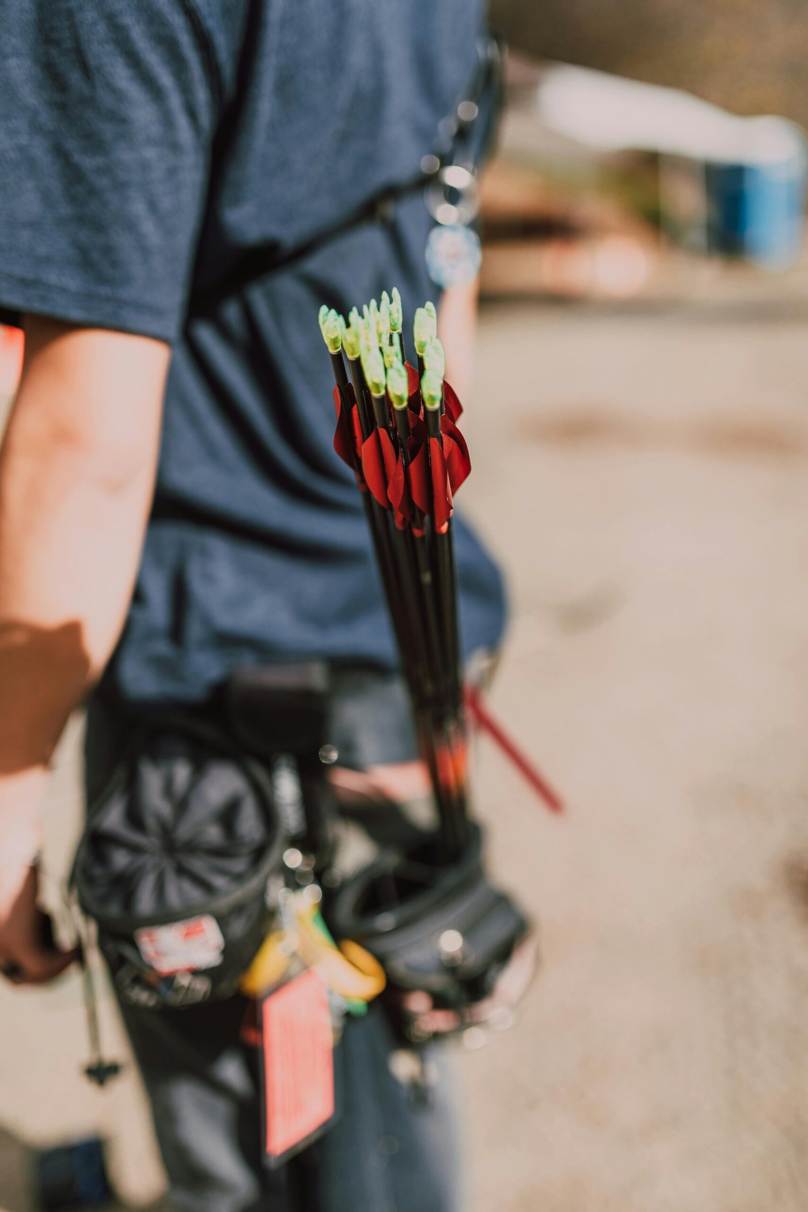 A collection of arrows with fletched ends and nocks, arranged neatly. The arrows feature different colored fletchings and are set against a neutral background.